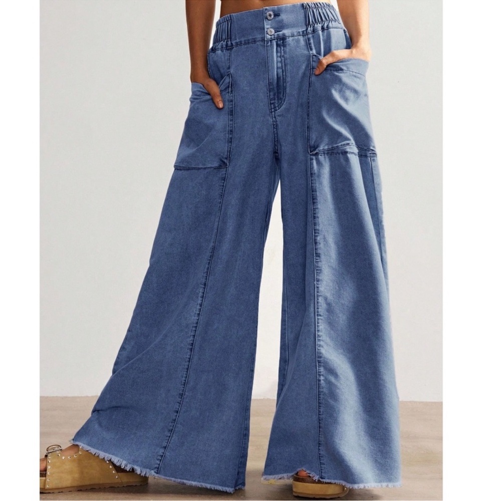 Bohemian Medium Wash Stretchy Waist Wide Leg Jeans S M L XL